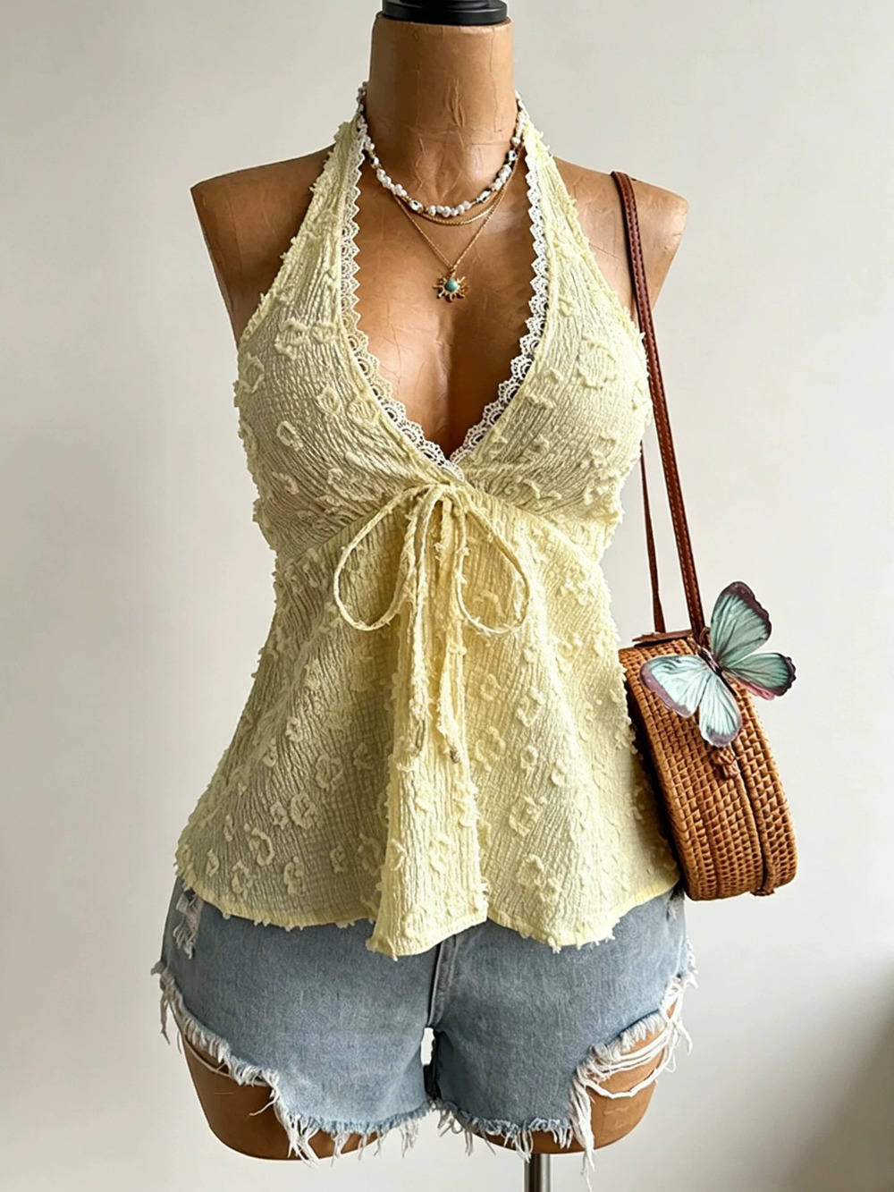 Zara Summer Sleeveless Halter Backless Jacquard Vacation Tank Top